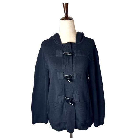 Lauren Ralph Lauren‎ Sweater Women Medium Black Hooded Toggle Button Cardigan - Picture 1 of 9
